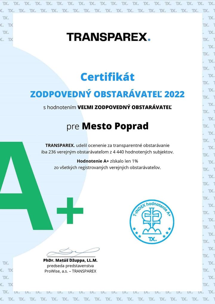 🔵 POPRAD S OCENENÍM ZODPOVEDNÝ OBSTARÁVATEĽ ZA ROK 2022 🔵

🔹 Spoločnosť ProWise, a.s., ktorá prevádzkuje portál Transparex, udel…